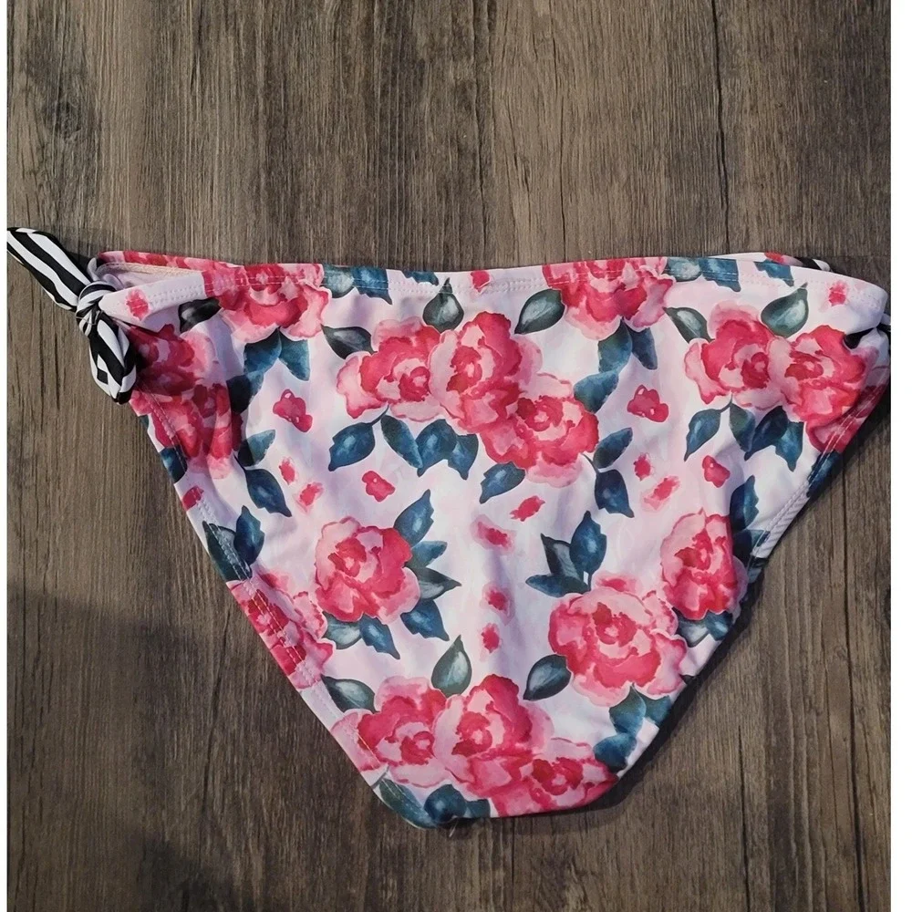 Juicy Couture Black Label Floral Rose Bikini Bottoms Side Tie Striped‎ Bows Pink